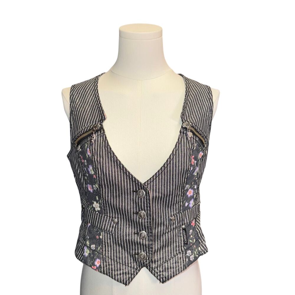 Cappopera Euro VTG Y2K Stripe Floral Denim Vest Metallic Zipper Made in Italy 44